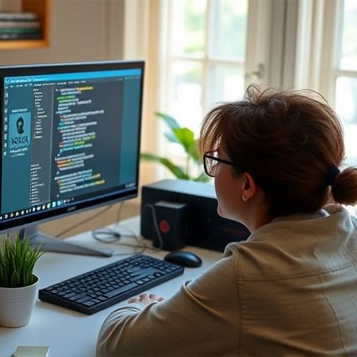Una persona usando una computadora con un lector de pantalla, mostrando el uso de tecnología asistiva para acceder a contenido web.